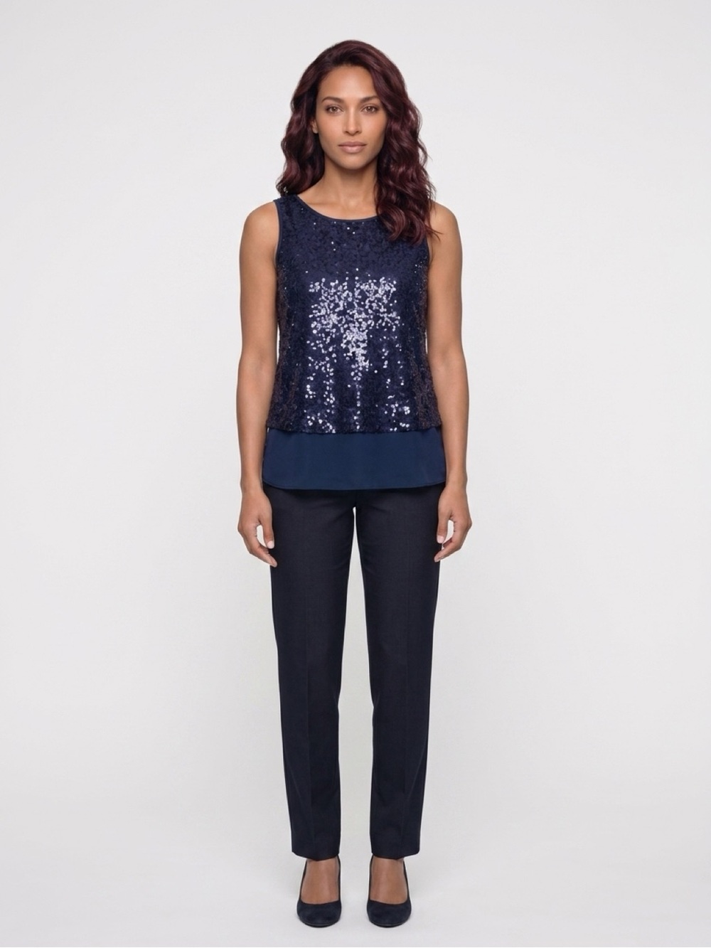 DG2 by Diane Gilman Navy Sequin Layered Tank